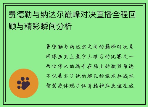 费德勒与纳达尔巅峰对决直播全程回顾与精彩瞬间分析