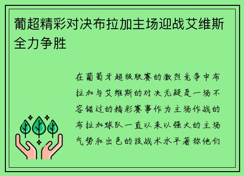 葡超精彩对决布拉加主场迎战艾维斯全力争胜