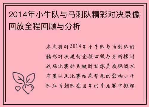 2014年小牛队与马刺队精彩对决录像回放全程回顾与分析