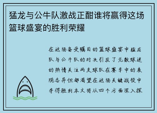 猛龙与公牛队激战正酣谁将赢得这场篮球盛宴的胜利荣耀