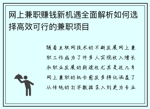 网上兼职赚钱新机遇全面解析如何选择高效可行的兼职项目