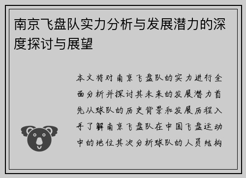 南京飞盘队实力分析与发展潜力的深度探讨与展望