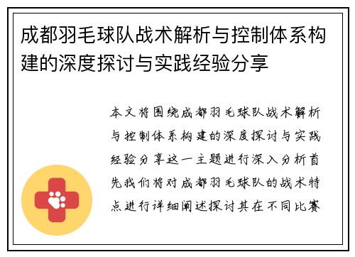 成都羽毛球队战术解析与控制体系构建的深度探讨与实践经验分享