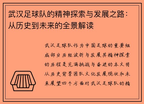 武汉足球队的精神探索与发展之路：从历史到未来的全景解读