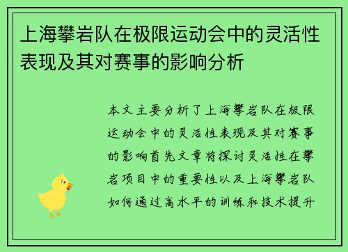 上海攀岩队在极限运动会中的灵活性表现及其对赛事的影响分析